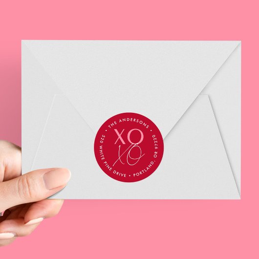 Sticker Rond Adresse de retour moderne XOXO rouge et rose