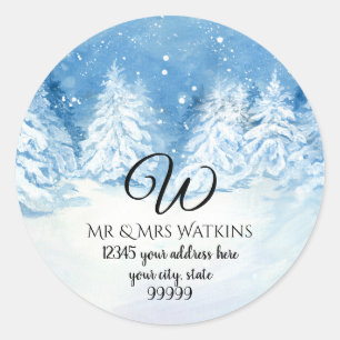 Sticker Rond Adresse de retour Monogramme Arbres d'hiver neigeu