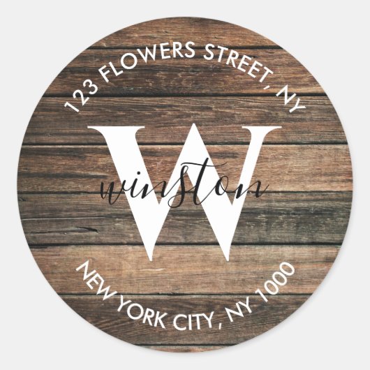 Sticker Rond Adresse de retour monogramme boho en bois rustique (Devant)