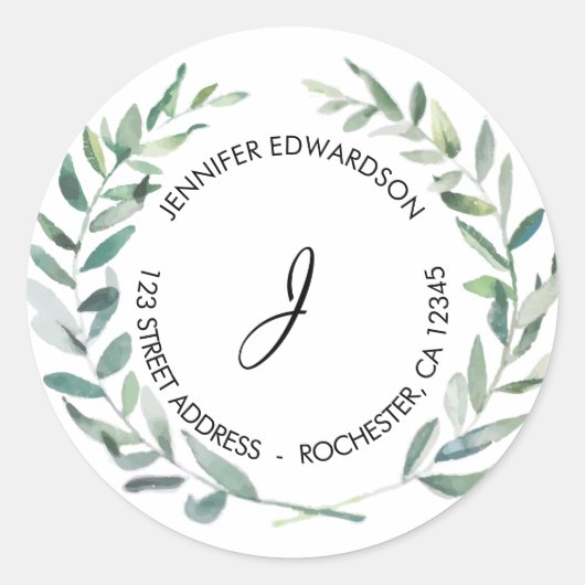 Sticker Rond Adresse de retour monogramme feuille aquarelle (Devant)