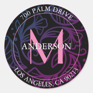Sticker Rond Adresse de retour, monogramme rose, floral graphiq