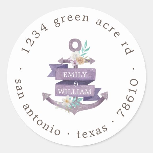 Sticker Rond adresse de retour monogramme violet ancre florale (Devant)