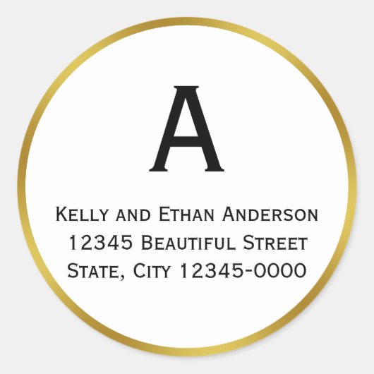 Sticker Rond Adresse de retour Monogramme White et Faux Gold (Devant)