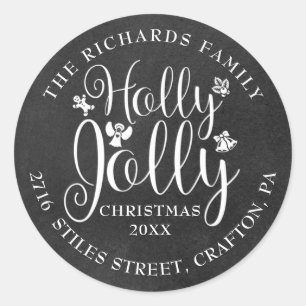 Sticker Rond Adresse de retour Noël Holly Jolly Tableau noir