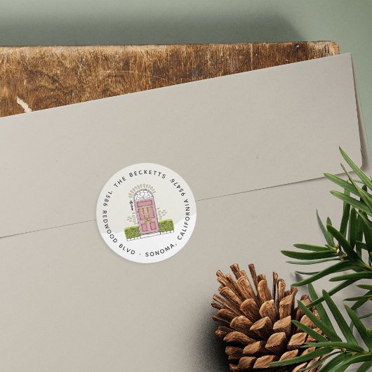 Sticker Rond Adresse de retour Pink Door Holiday