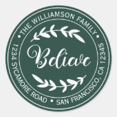 Sticker Rond Adresse de retour pour Noël moderne Believe Vert (Devant)