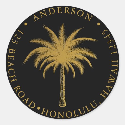 Sticker Rond Adresse de retour Tropical Palm Tree Gold & Black (Devant)
