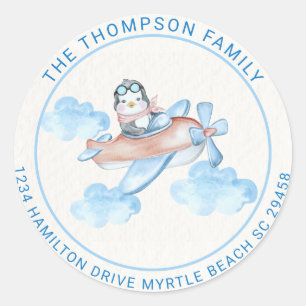 Sticker Rond Adresse du pilote du pingouin bleu blanc