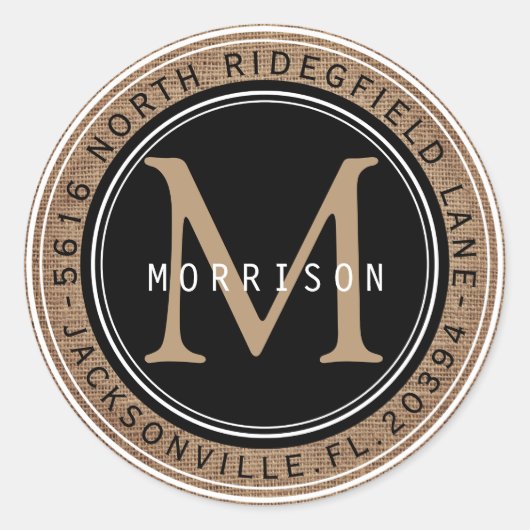 Sticker Rond Adresse, Monogramme dans un Burlap noir et tan (Devant)