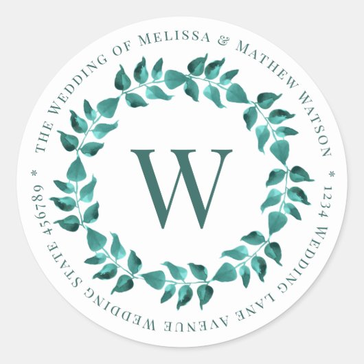 Sticker Rond Adresse Monogramme Wreath Turquoise Mariage Envelo (Devant)