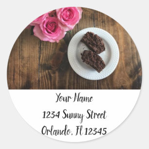 Sticker Rond Adresse rose et gâteau au chocolat