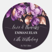 Sticker Rond Adultes fête d'anniversaire violet faveur merci (Devant)