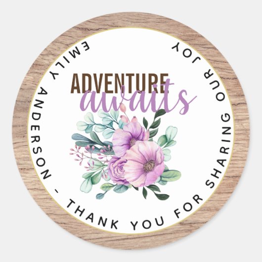 Sticker Rond Adventure Attend le Baby shower de fleurs violette (Devant)