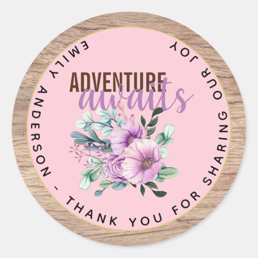 Sticker Rond Adventure Attend le Baby shower de fleurs violette (Devant)