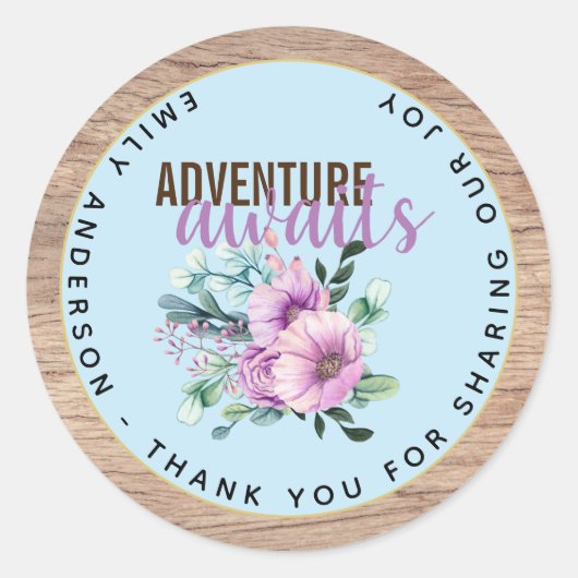 Sticker Rond Adventure Attend le Baby shower de fleurs violette (Devant)
