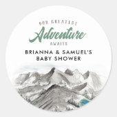 Sticker Rond Adventure Await Couples Baby shower Mountains (Devant)