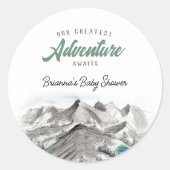 Sticker Rond Adventure Await Forest Baby shower Mountains (Devant)