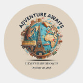 Sticker Rond Adventure Await Modern Globe Baby shower (Devant)