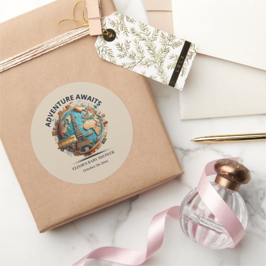 Sticker Rond Adventure Await Modern Globe Baby shower (Cadeaux)