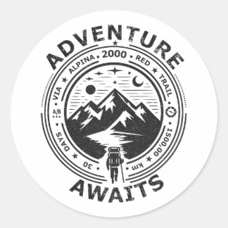 Sticker Rond Adventure Awaits - Black in white