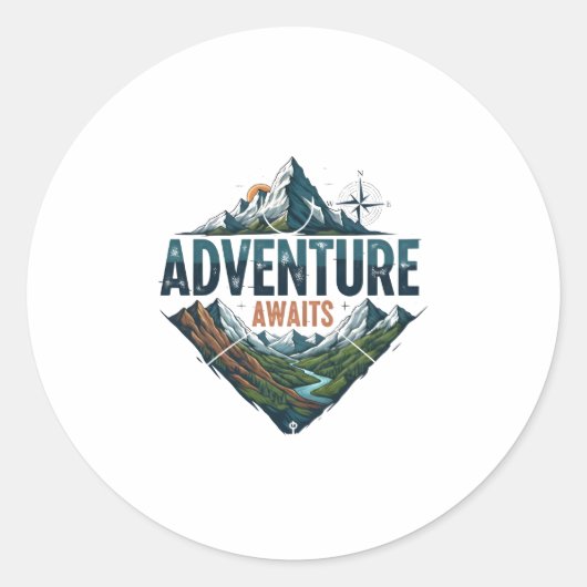 Sticker Rond Adventure Awaits Peaks & Valleys Classic Stickers. (Devant)