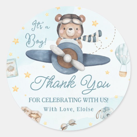 Sticker Rond Adventure Cute Bear Blue Plane Baby shower garçon (Devant)