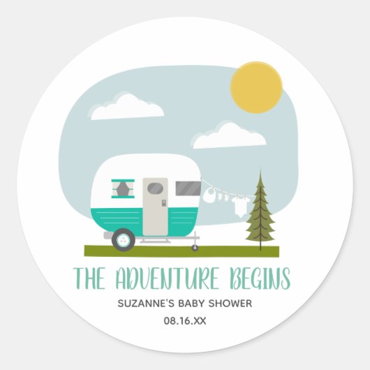 Sticker Rond Adventure Turquoise Camper Clothesline Baby shower (Devant)