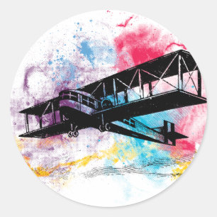 Sticker Rond Aéronefs vintages aux nuages colorés
