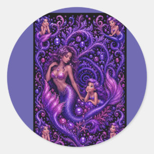 Sticker Rond Affiche d'art de rêve de mermaid duo fantaisie vio