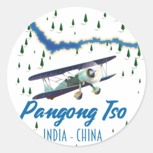 Sticker Rond Affiche de carte de Pangong Tso Inde Chine.
