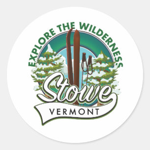 Sticker Rond Affiche de ski Stowe Vermont , Explore the Wildern