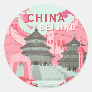 Sticker Rond Affiche de voyage à Pékin Chine Art vert menthe,