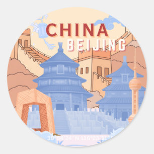 Sticker Rond Affiche de voyage à Pékin Chine Bleu pastel et p