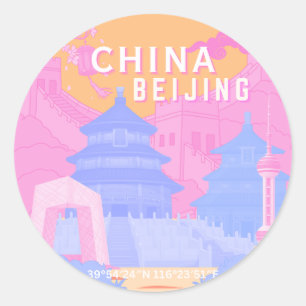 Sticker Rond Affiche de voyage à Pékin Chine Pastel rose et b