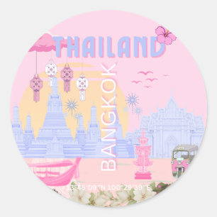 Sticker Rond Affiche de voyage rose pastel bleu de Bangkok Thaï