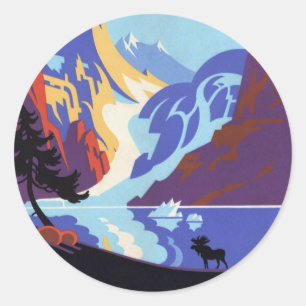 Sticker Rond Affiche de voyage vintage de l'Alaska, Atlin et le