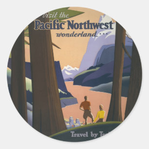 Sticker Rond Affiche de voyage vintage du Pacifique Nord-Ouest