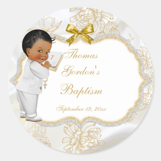 Sticker Rond African American Baby Boy Baptism Gold Cross (Devant)