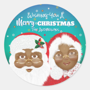 Sticker Rond African American Père Noël et Mme Claus Christmas