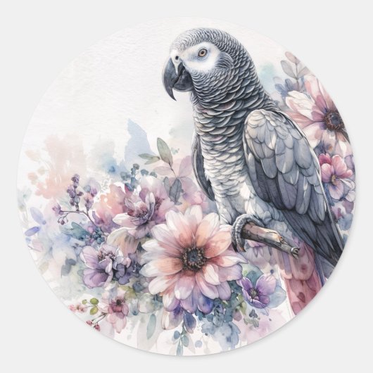 Sticker Rond African Grey Parrot Fleur sauvage Portrait Art (Devant)