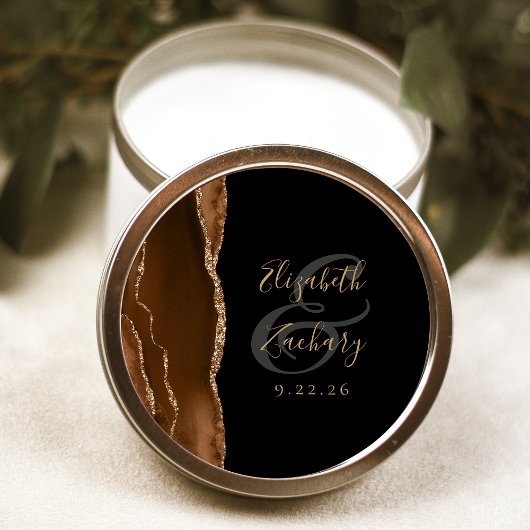 Sticker Rond Agate Géode Écriture Café Brun Or Noir Mariage