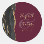 Sticker Rond Agate Géode Script Black Gold Burgundy Mariage (Devant)