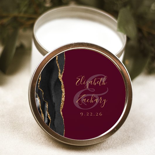 Sticker Rond Agate Géode Script Black Gold Burgundy Mariage
