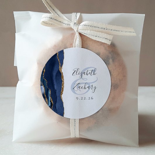 Sticker Rond Agate Geode Script Marine Blue Gold Mariage