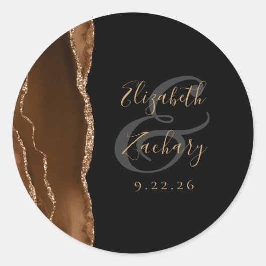 Sticker Rond Agate Geode Script Mocha Brown Gold Black Mariage (Devant)