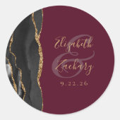 Sticker Rond Agate Géode Script Noir Or Bourgogne Mariage (Devant)