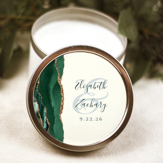 Sticker Rond Agate Script Émeraude Or Ivoire Mariage