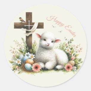 Sticker Rond Agneau de Pâques personnalisé à l'aquarelle