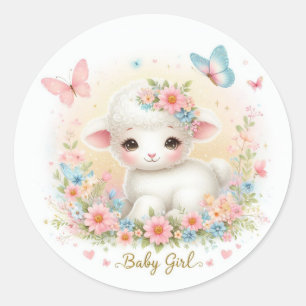 Sticker Rond Agneau mignon, papillons et fleurs