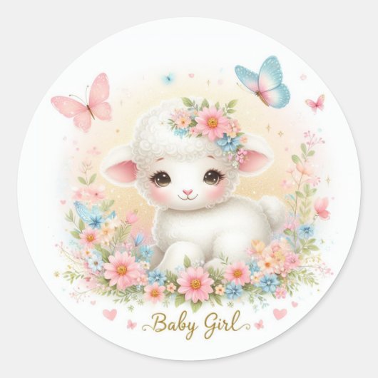 Sticker Rond Agneau mignon, papillons et fleurs (Devant)